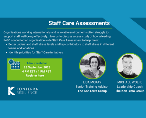 Promo featuring speaker photographs for webinar on staff care assessments